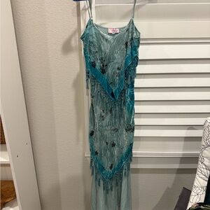 Vintage Velvet and Sequins Spaghetti Strap Dress with Black Floral Accents Ethos